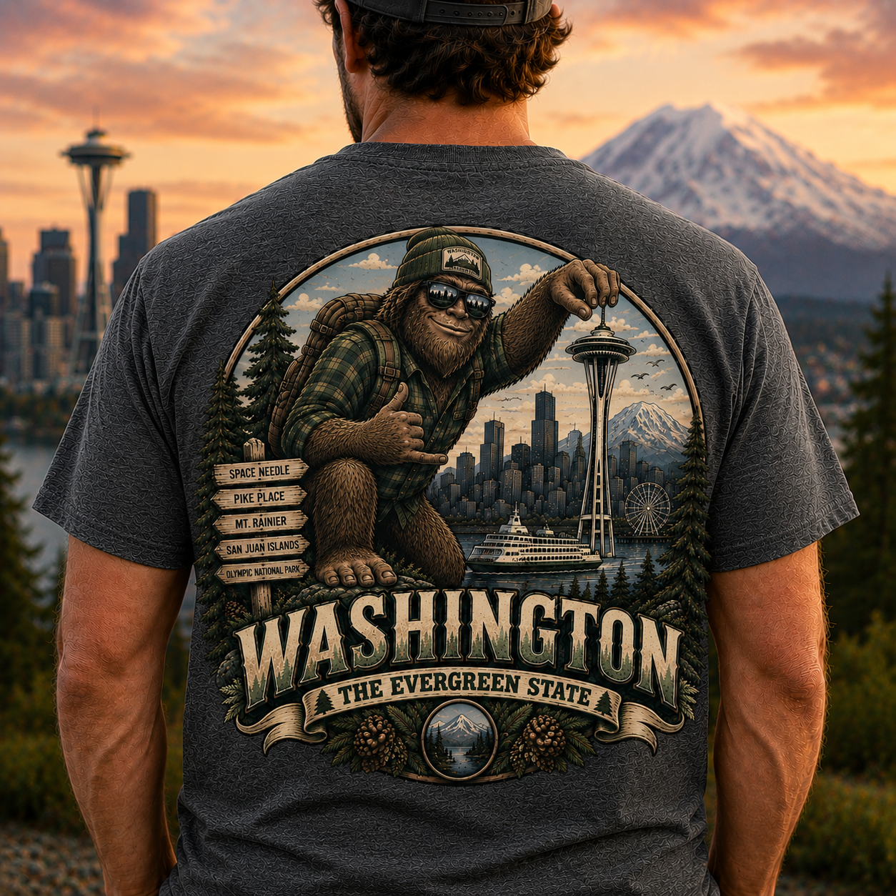 Bigfoot Seattle Skyline T-Shirt | Washington State Sasquatch Design