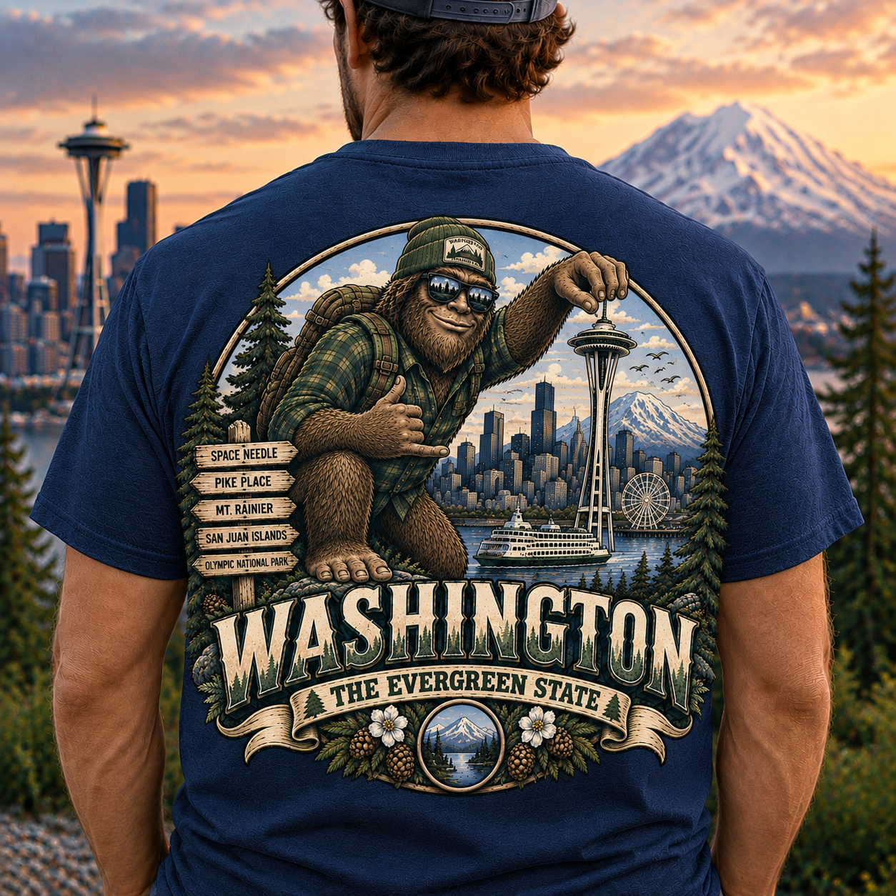 Bigfoot Seattle Skyline T-Shirt | Washington State Sasquatch Design