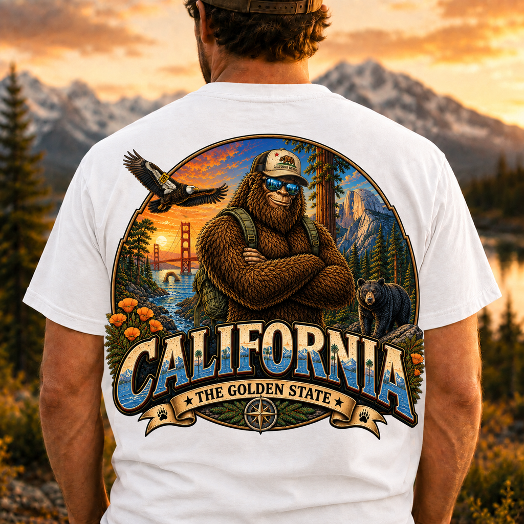 California Bigfoot T-Shirt  Sasquatch Golden State Graphic Tee