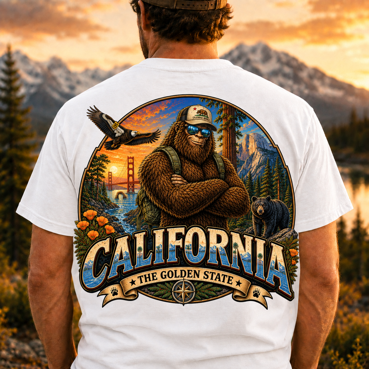 California Bigfoot T-Shirt  Sasquatch Golden State Graphic Tee