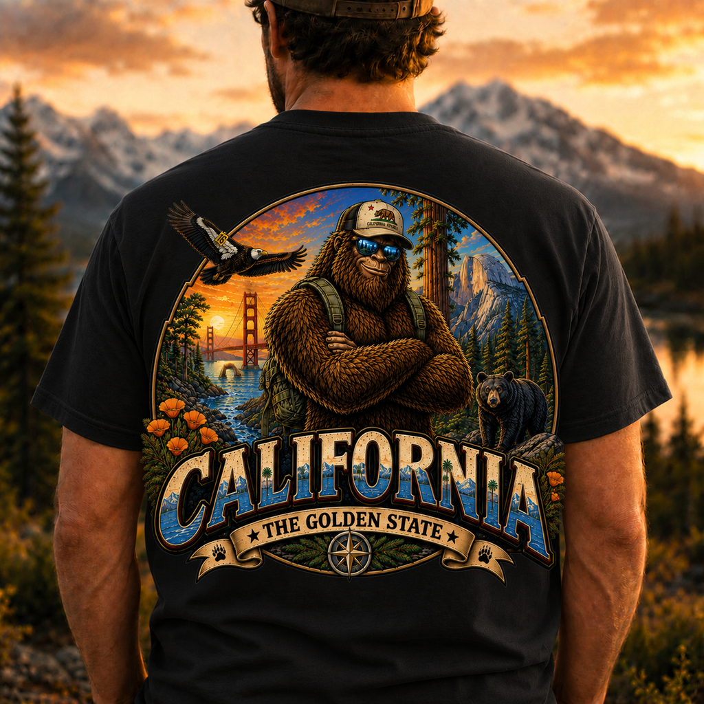 California Bigfoot T-Shirt  Sasquatch Golden State Graphic Tee