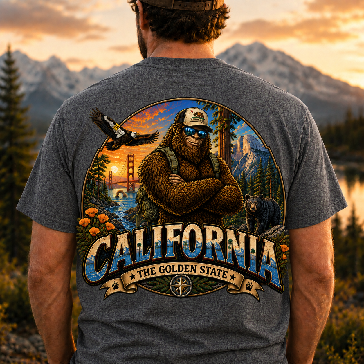 California Bigfoot T-Shirt  Sasquatch Golden State Graphic Tee