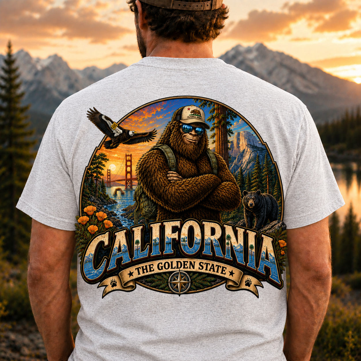 California Bigfoot T-Shirt  Sasquatch Golden State Graphic Tee
