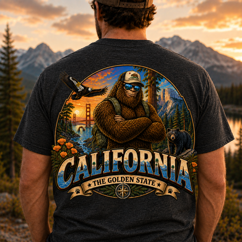 California Bigfoot T-Shirt  Sasquatch Golden State Graphic Tee