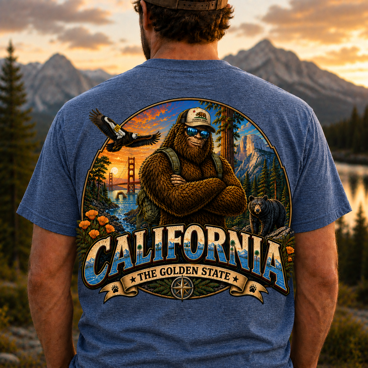 California Bigfoot T-Shirt  Sasquatch Golden State Graphic Tee