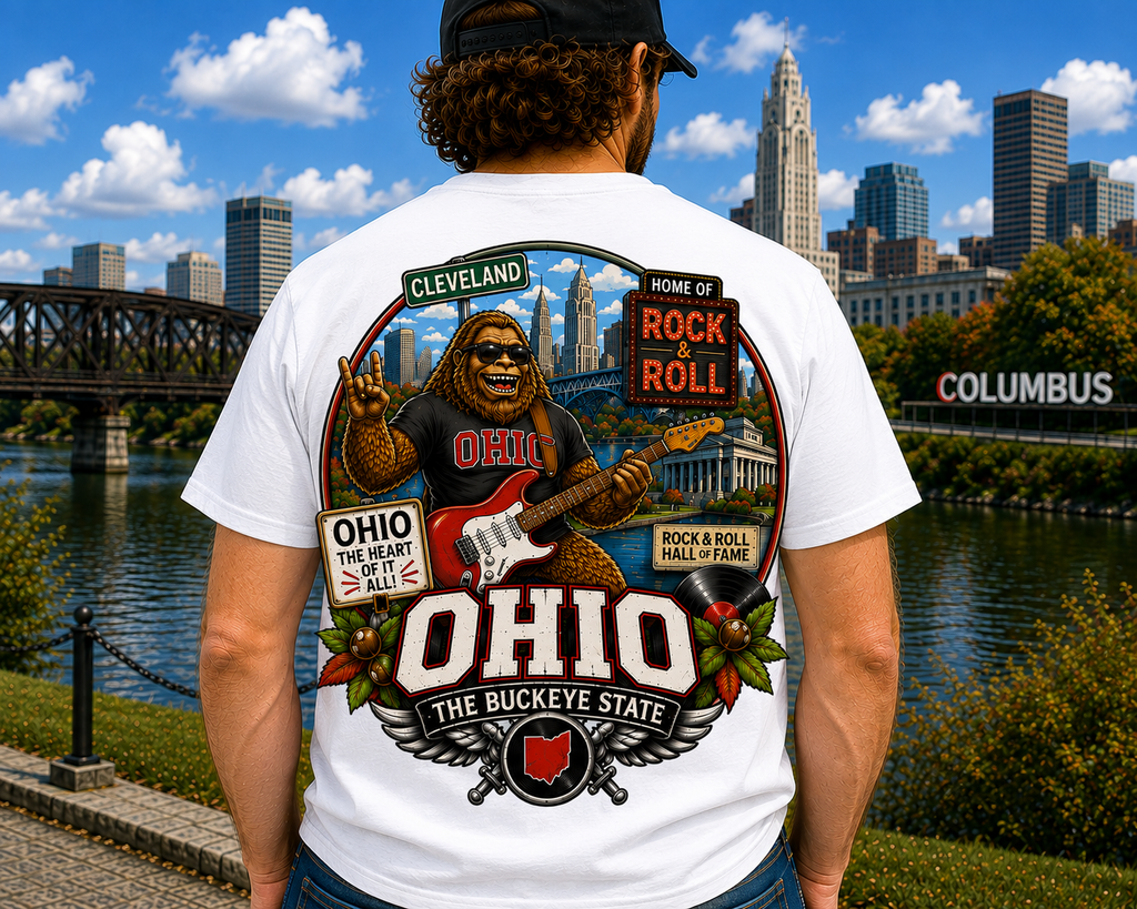 Ohio Sasquatch Rock 'n' Roll T-Shirt | Cleveland Skyline, Buckeye State