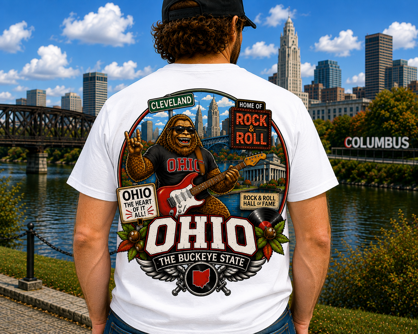 Ohio Sasquatch Rock 'n' Roll T-Shirt | Cleveland Skyline, Buckeye State
