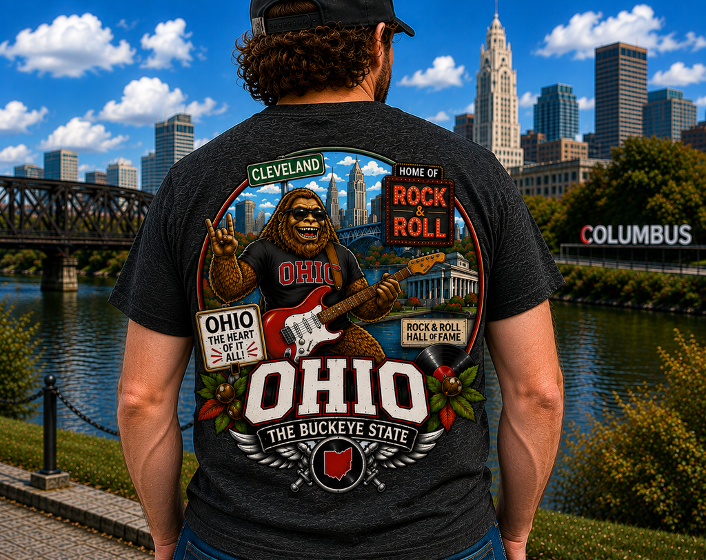 Ohio Sasquatch Rock 'n' Roll T-Shirt | Cleveland Skyline, Buckeye State