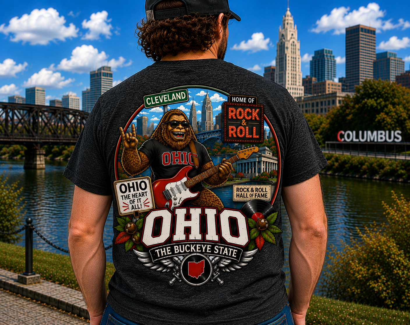 Ohio Sasquatch Rock 'n' Roll T-Shirt | Cleveland Skyline, Buckeye State