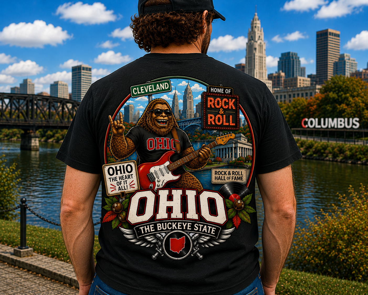 Ohio Sasquatch Rock 'n' Roll T-Shirt | Cleveland Skyline, Buckeye State