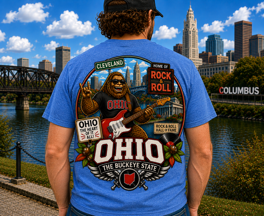 Ohio Sasquatch Rock 'n' Roll T-Shirt | Cleveland Skyline, Buckeye State