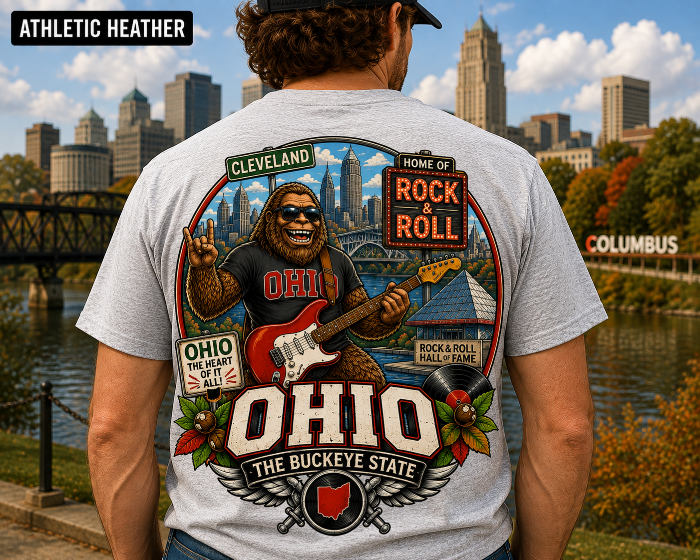 Ohio Sasquatch Rock 'n' Roll T-Shirt | Cleveland Skyline, Buckeye State