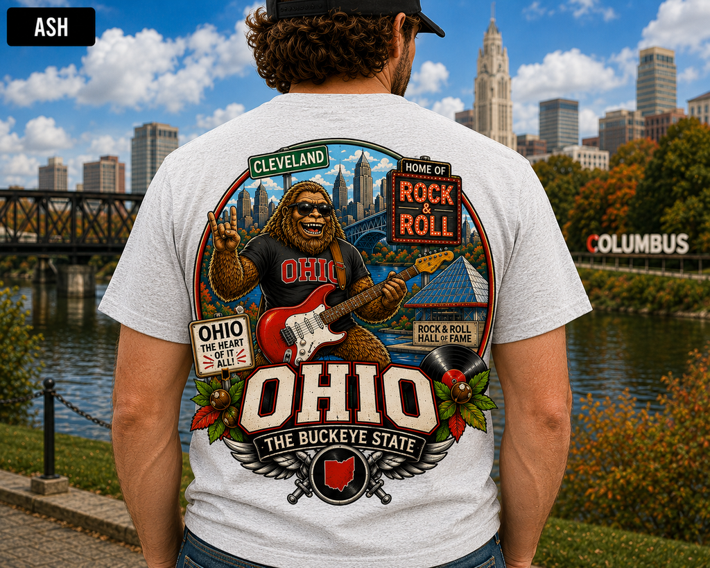 Ohio Sasquatch Rock 'n' Roll T-Shirt | Cleveland Skyline, Buckeye State