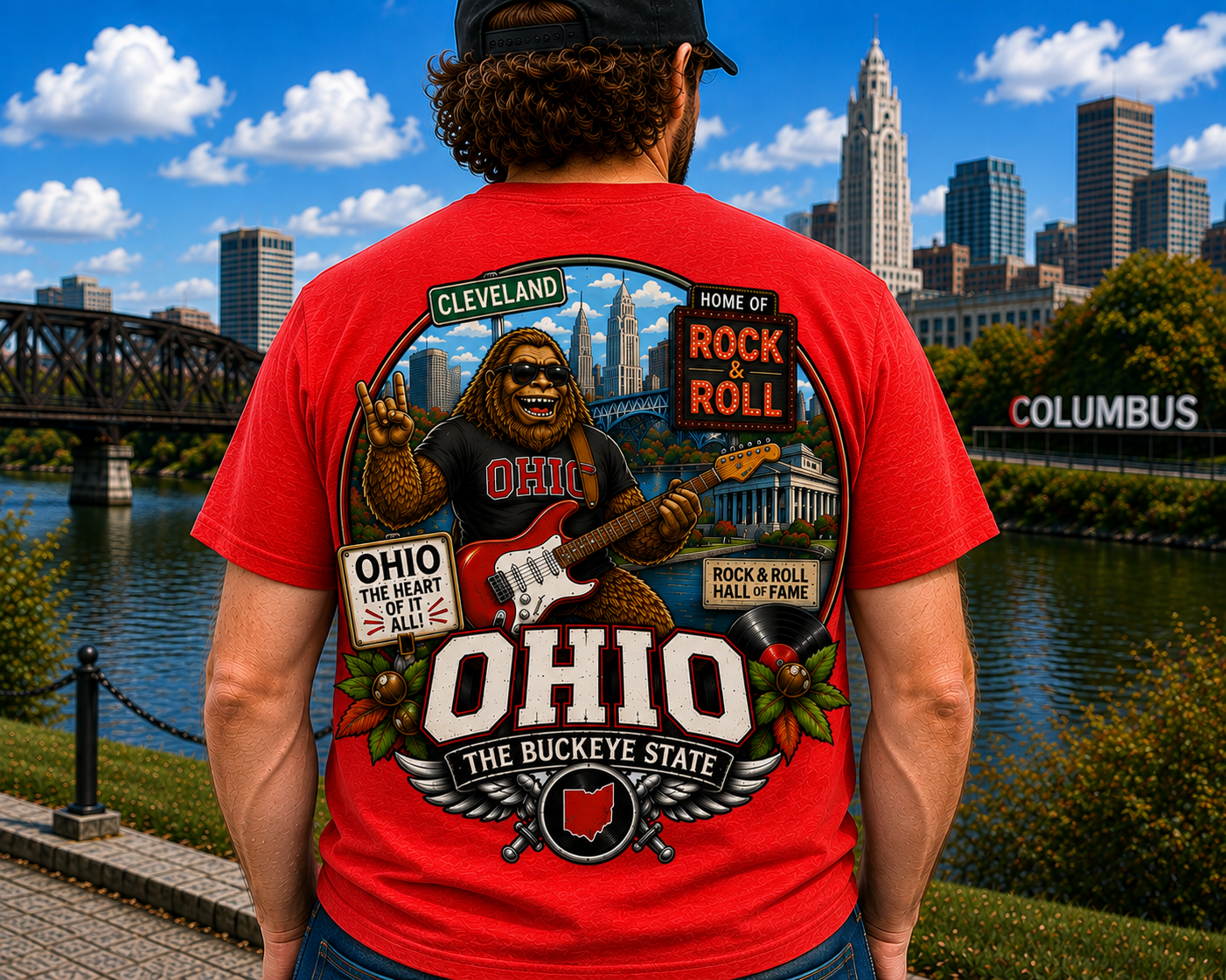 Ohio Sasquatch Rock 'n' Roll T-Shirt | Cleveland Skyline, Buckeye State