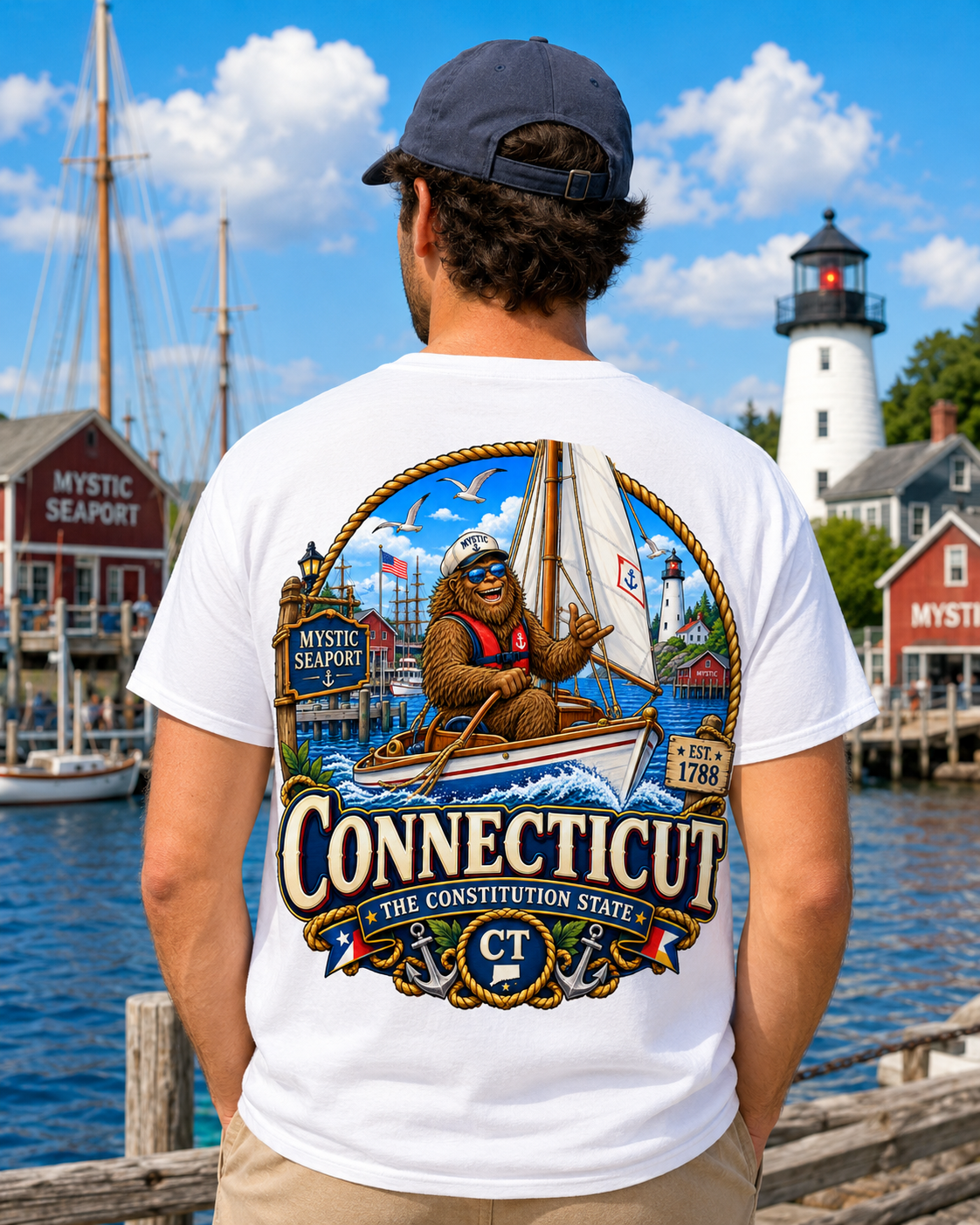 Connecticut Bigfoot Shirt, Mystic CT Sasquatch T-Shirt, Constitution State Nautical Graphic Tee, Connecticut Gift, New England Cryptid Shirt