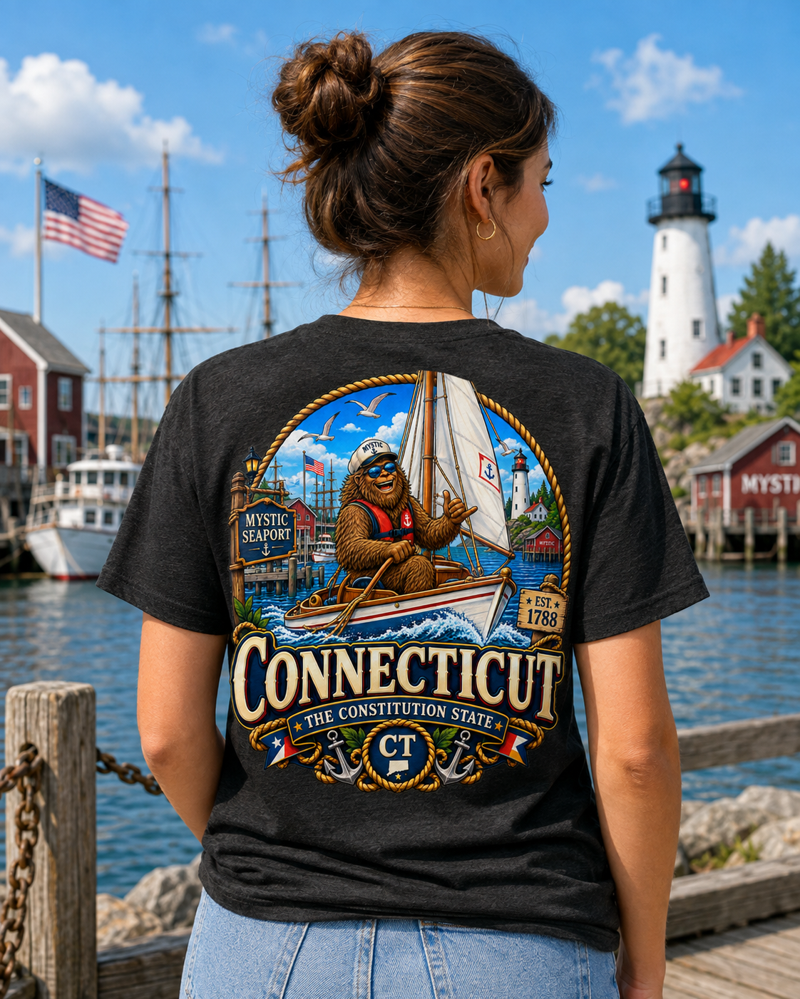 Connecticut Bigfoot Shirt, Mystic CT Sasquatch T-Shirt, Constitution State Nautical Graphic Tee, Connecticut Gift, New England Cryptid Shirt