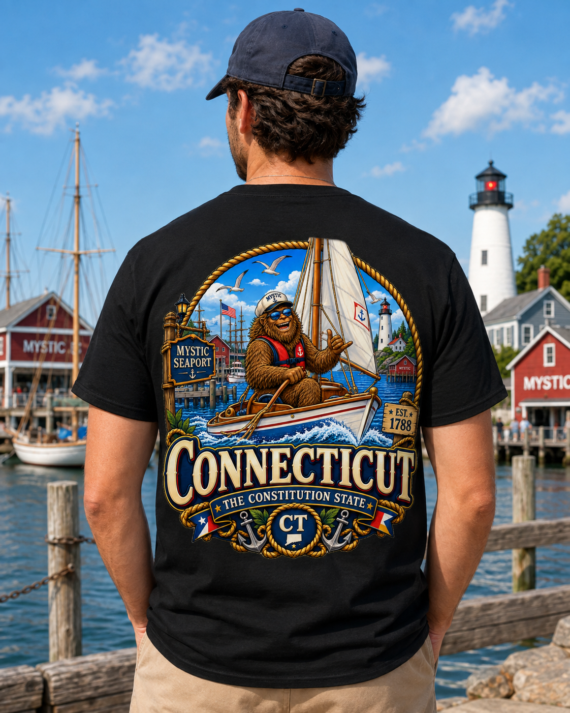 Connecticut Bigfoot Shirt, Mystic CT Sasquatch T-Shirt, Constitution State Nautical Graphic Tee, Connecticut Gift, New England Cryptid Shirt