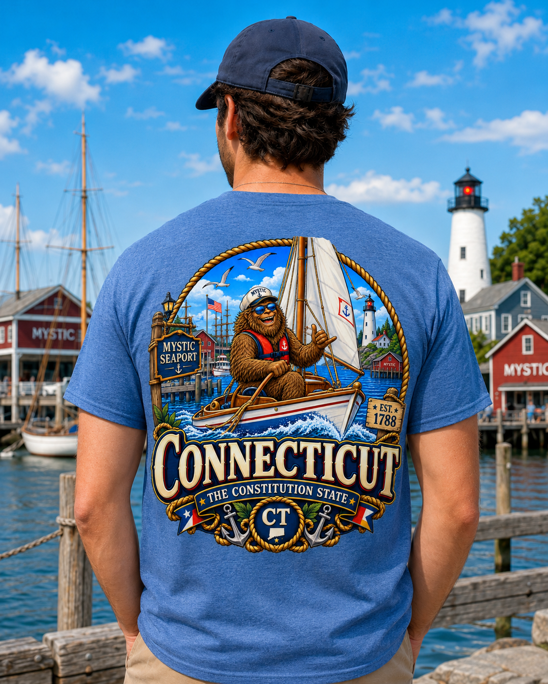 Connecticut Bigfoot Shirt, Mystic CT Sasquatch T-Shirt, Constitution State Nautical Graphic Tee, Connecticut Gift, New England Cryptid Shirt