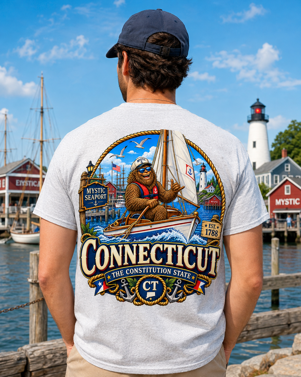 Connecticut Bigfoot Shirt, Mystic CT Sasquatch T-Shirt, Constitution State Nautical Graphic Tee, Connecticut Gift, New England Cryptid Shirt