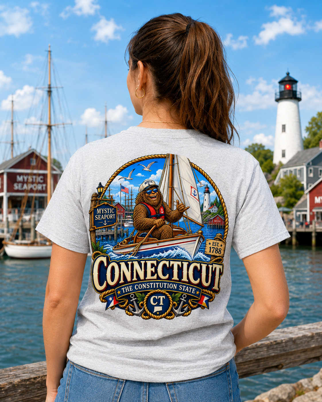 Connecticut Bigfoot Shirt, Mystic CT Sasquatch T-Shirt, Constitution State Nautical Graphic Tee, Connecticut Gift, New England Cryptid Shirt