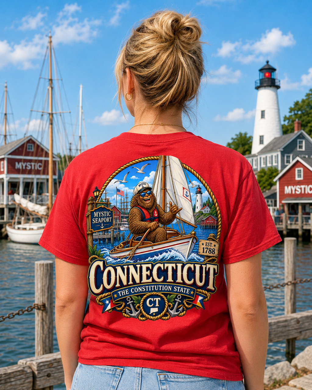 Connecticut Bigfoot Shirt, Mystic CT Sasquatch T-Shirt, Constitution State Nautical Graphic Tee, Connecticut Gift, New England Cryptid Shirt