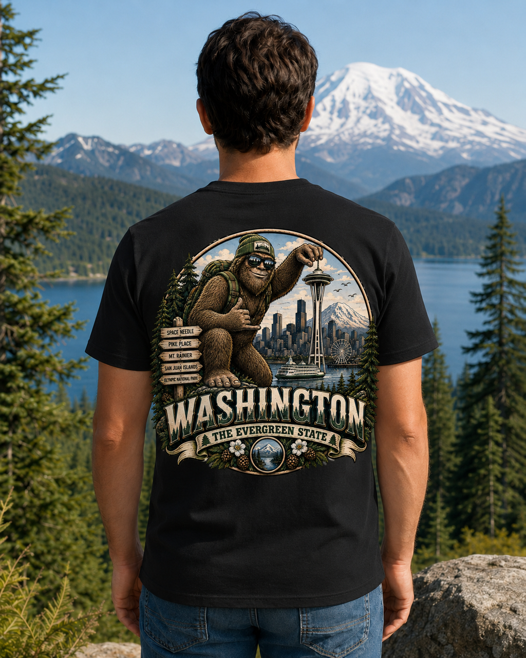 Washington Bigfoot T-Shirt — Seattle Space Needle Vintage Travel Tee