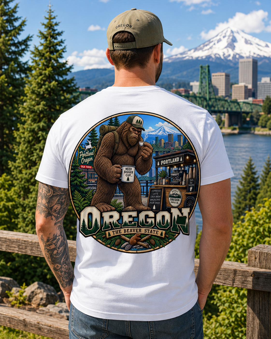Oregon Bigfoot Adventure T-Shirt: Sasquatch Sips Coffee in Portland
