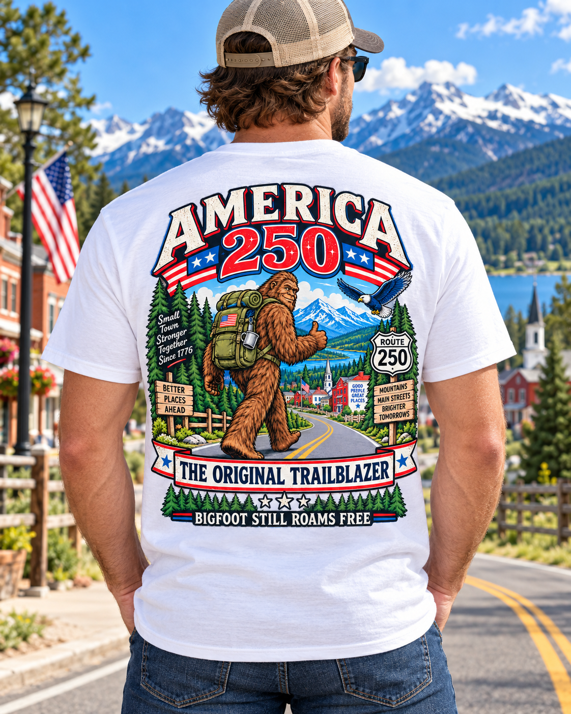 America 250 Bigfoot T-Shirt – Patriotic 250th Anniversary Trailblazer