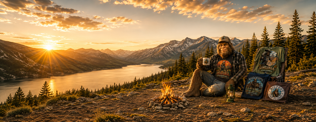 Bigfoot camping in the mountains with Bigfoot Coast to Coast state-inspired shirts and backpacks