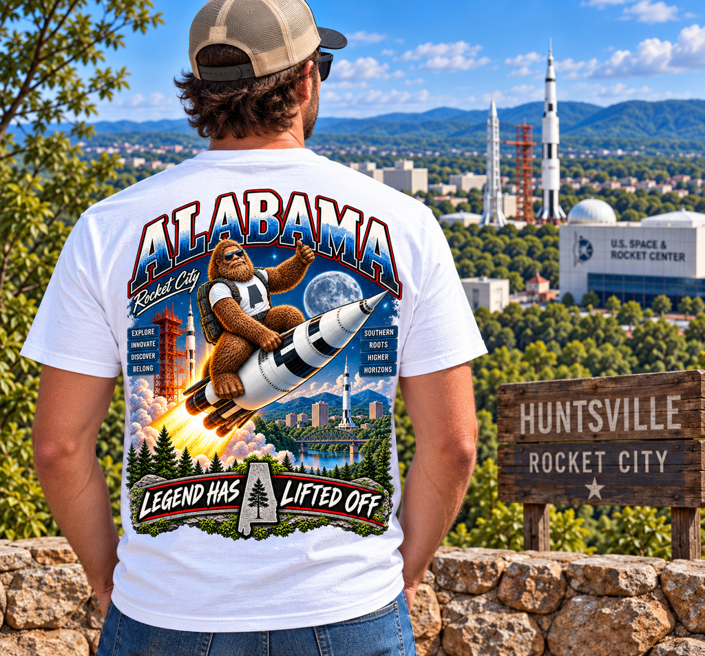 Alabama Bigfoot shirt mockup featuring Sasquatch riding a rocket in a Huntsville Rocket City scene with launch towers, mountains, trees, Alabama lettering, “Legend Has Lifted Off” banner, and 13.17 by 15.8 inch back print size guides.