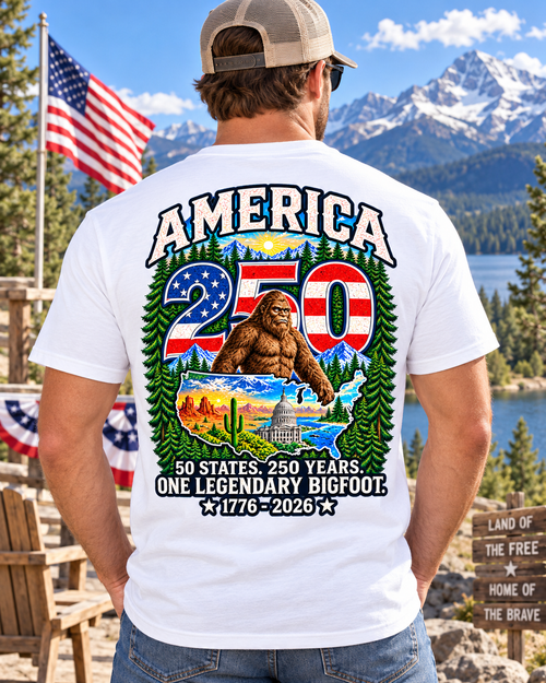 America 250 Bigfoot Shirt – 1776–2026 Patriotic Sasquatch Tee - Bigfoot Coast to Coast