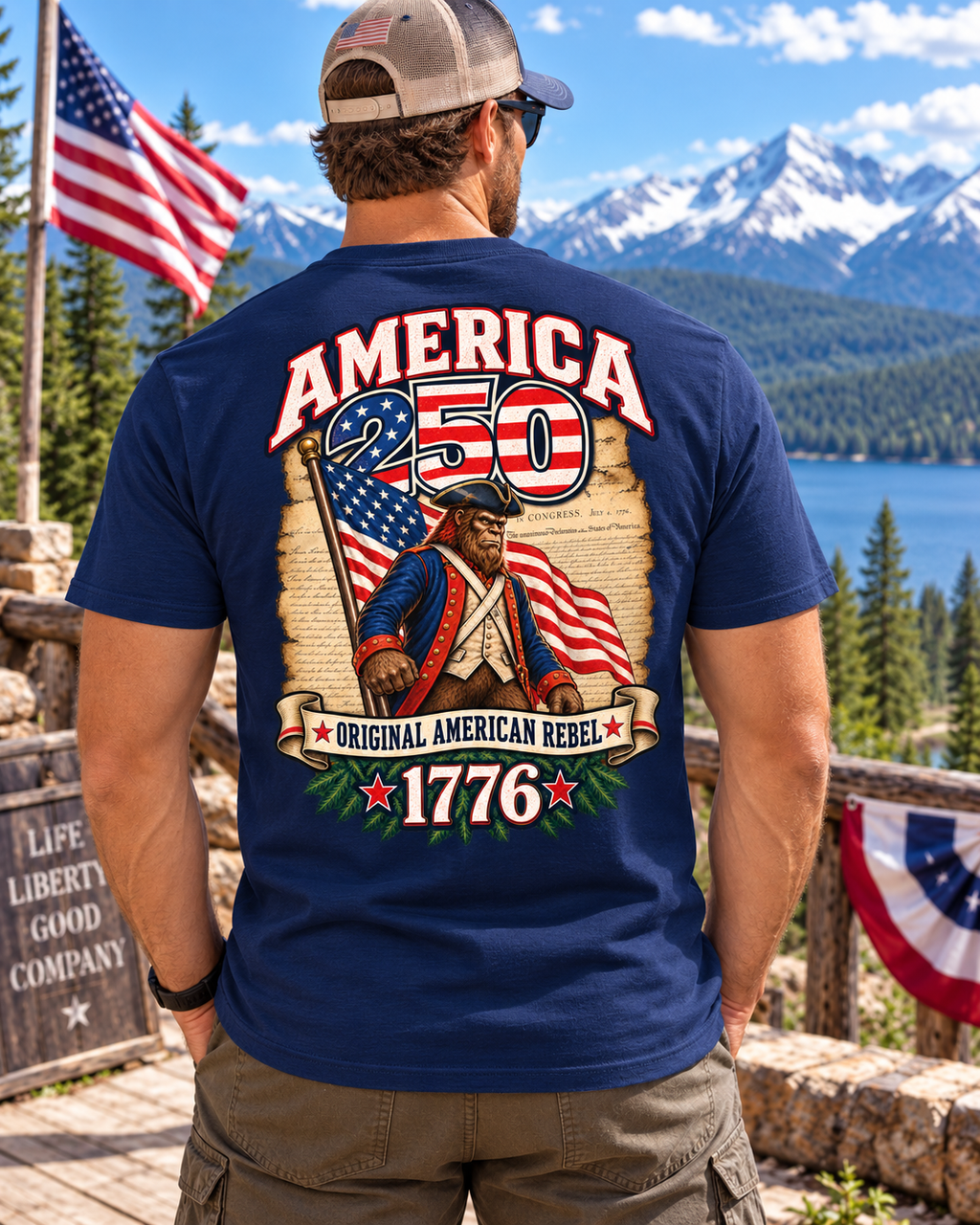 America 250 Bigfoot T-Shirt – Original American Rebel 1776 Patriotic Sasquatch T-Shirt - Bigfoot Coast to Coast