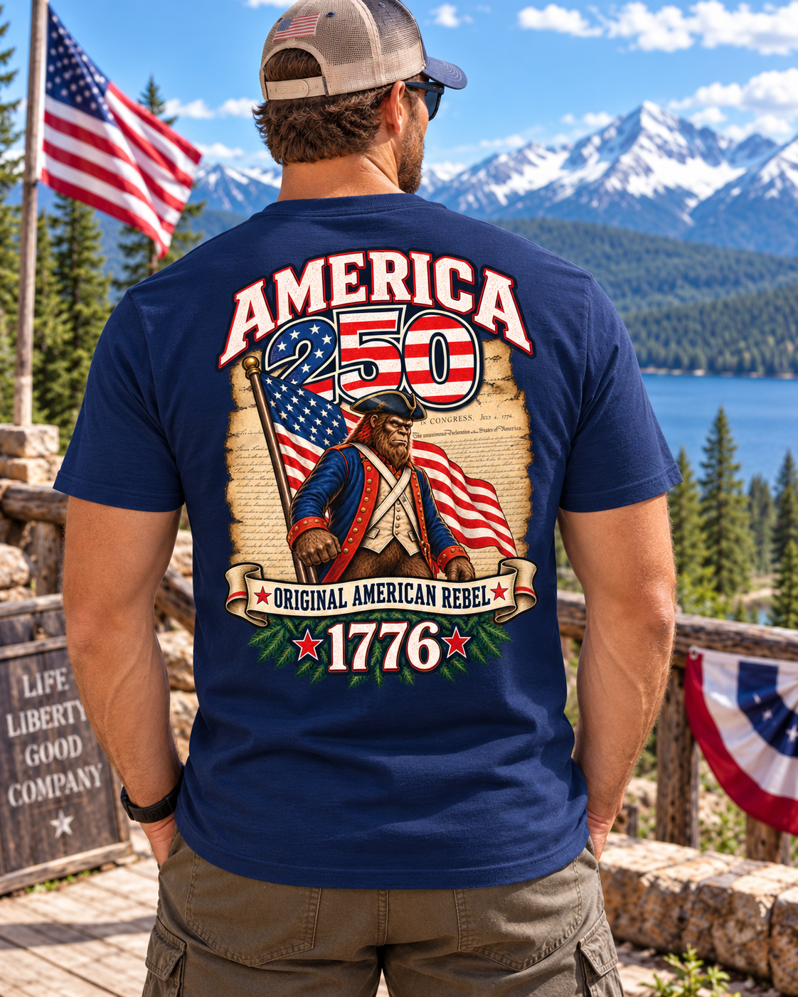 America 250 Bigfoot T-Shirt – Original American Rebel 1776 Patriotic Sasquatch T-Shirt - Bigfoot Coast to Coast