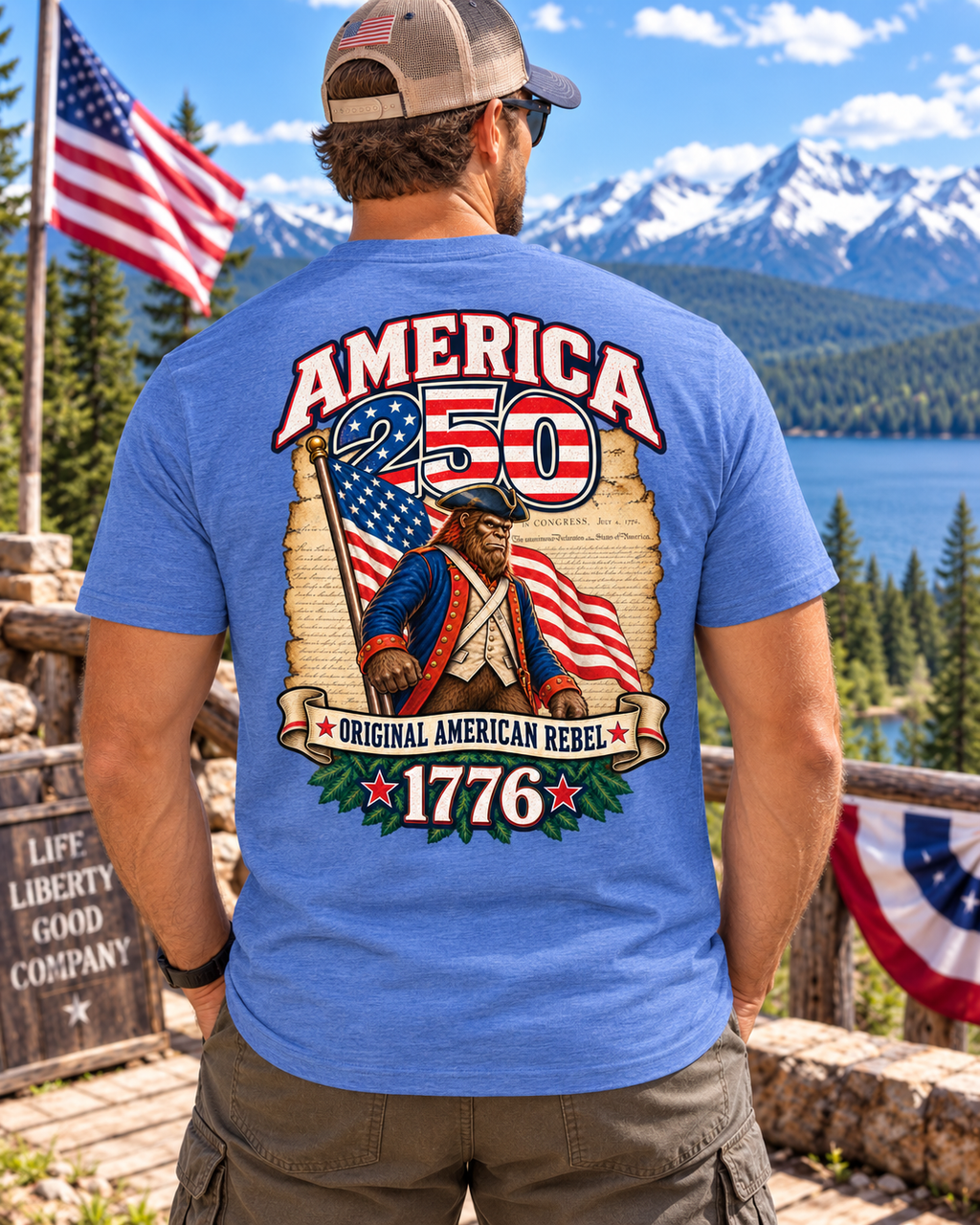 America 250 Bigfoot T-Shirt – Original American Rebel 1776 Patriotic Sasquatch T-Shirt - Bigfoot Coast to Coast