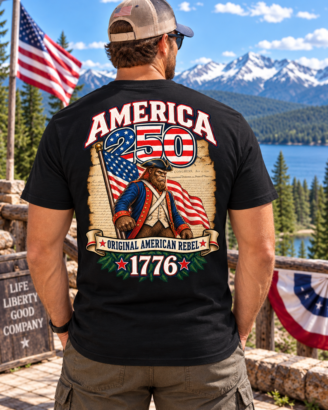 America 250 Bigfoot T-Shirt – Original American Rebel 1776 Patriotic Sasquatch T-Shirt - Bigfoot Coast to Coast