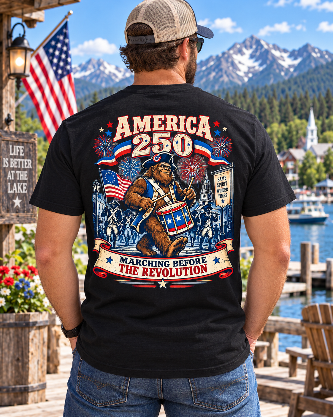 America 250 Marching Before the Revolution Bigfoot T-Shirt – Patriotic Sasquatch T-Shirt - Bigfoot Coast to Coast