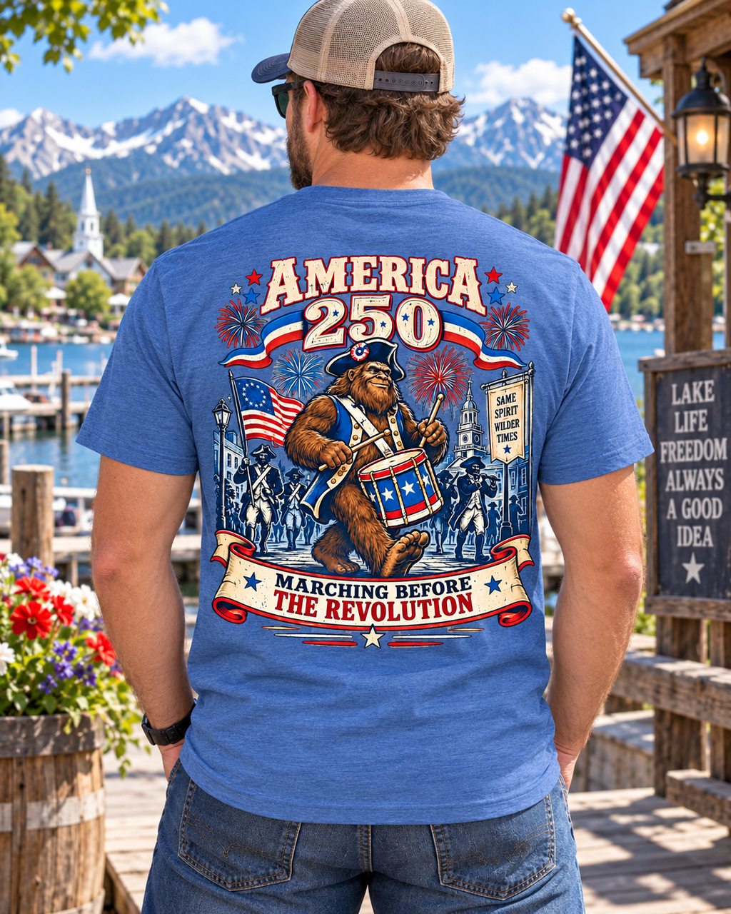 America 250 Marching Before the Revolution Bigfoot T-Shirt – Patriotic Sasquatch T-Shirt - Bigfoot Coast to Coast
