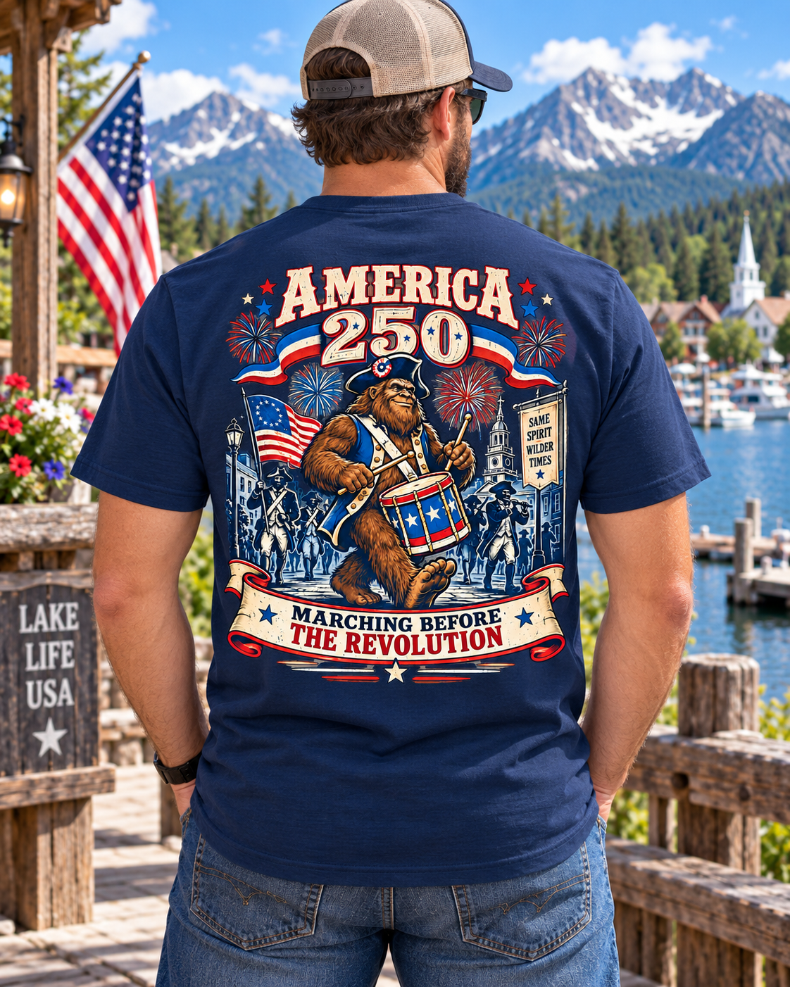 America 250 Marching Before the Revolution Bigfoot T-Shirt – Patriotic Sasquatch T-Shirt - Bigfoot Coast to Coast