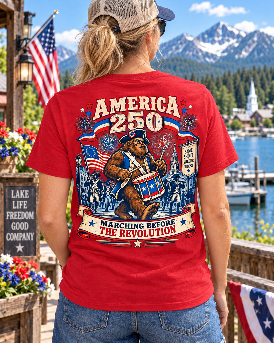 America 250 Marching Before the Revolution Bigfoot T-Shirt – Patriotic Sasquatch T-Shirt - Bigfoot Coast to Coast