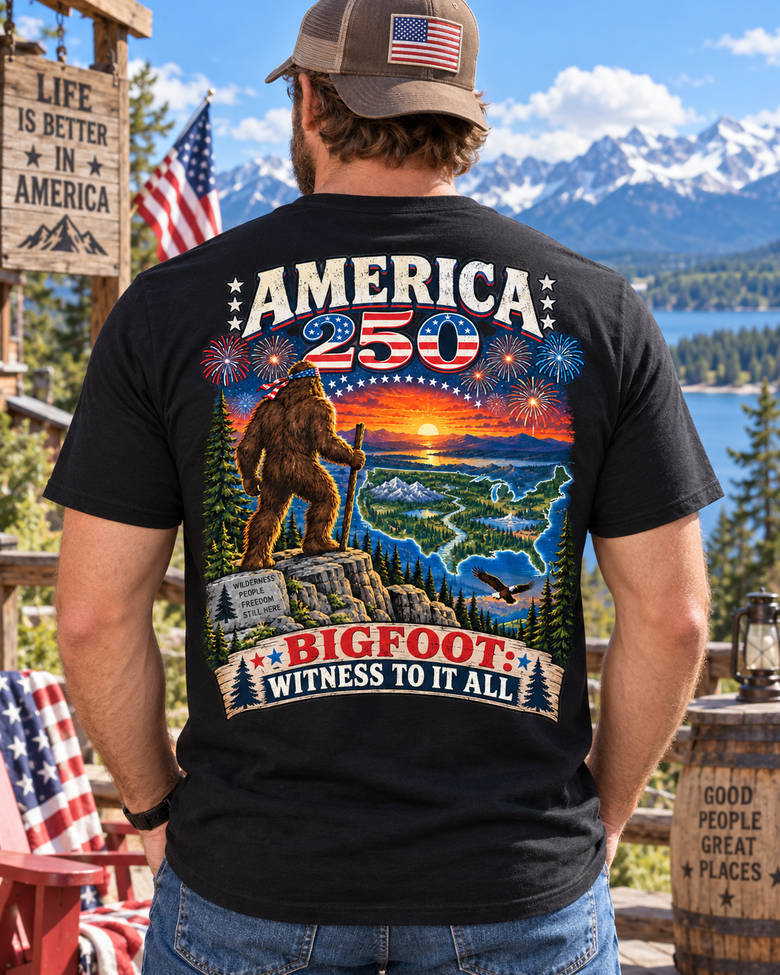 America 250 Witness Bigfoot T-Shirt | Patriotic Sasquatch T-Shirt - Bigfoot Coast to Coast