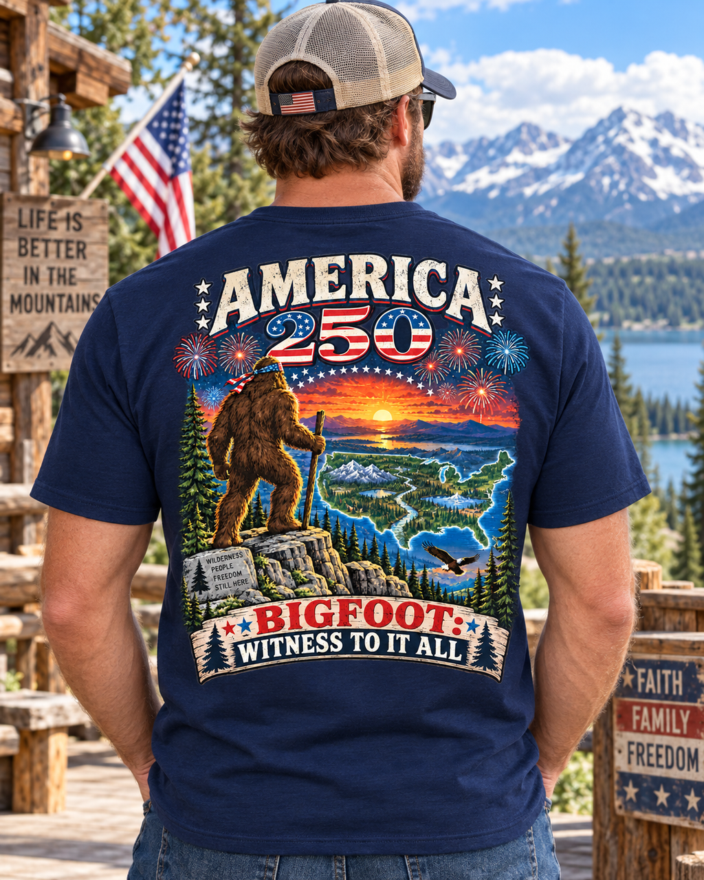 America 250 Witness Bigfoot T-Shirt | Patriotic Sasquatch T-Shirt - Bigfoot Coast to Coast