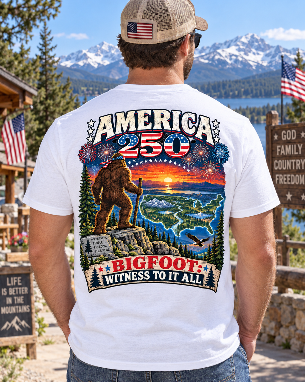 America 250 Witness Bigfoot T-Shirt | Patriotic Sasquatch T-Shirt - Bigfoot Coast to Coast