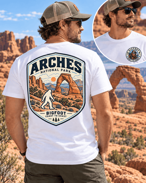 Arches Bigfoot shirt featuring a vintage national park back graphic inspired by red-rock arches and high-desert sandstone
