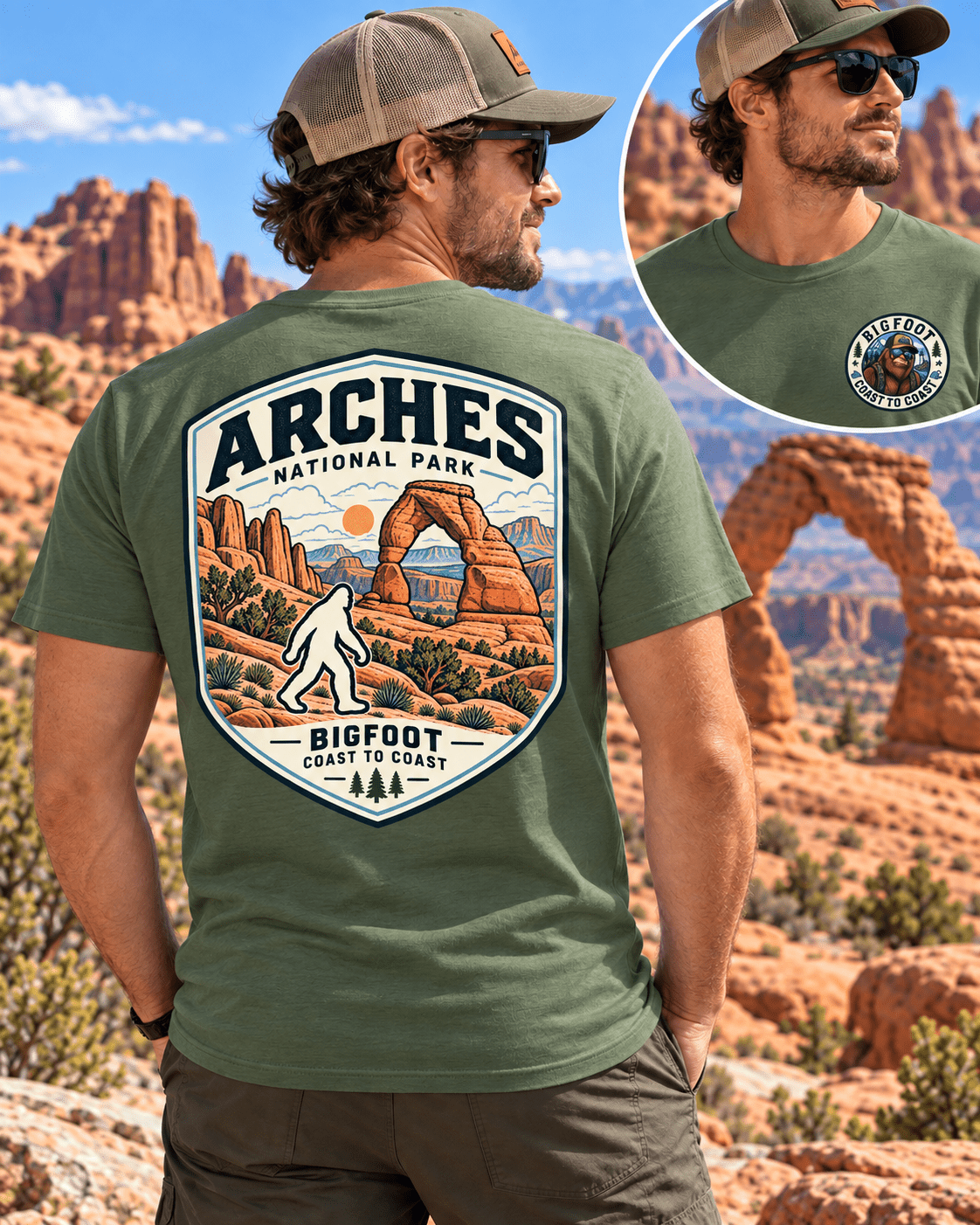 Arches Bigfoot National Park Shirt | Sasquatch Adventure Tee - Bigfoot Coast to Coast