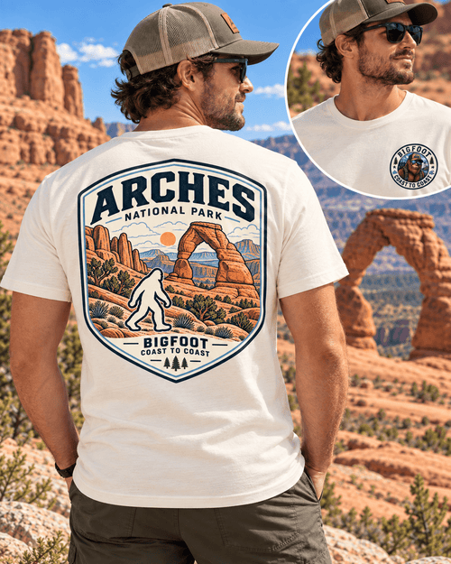 Arches Bigfoot National Park Shirt | Sasquatch Adventure Tee - Bigfoot Coast to Coast