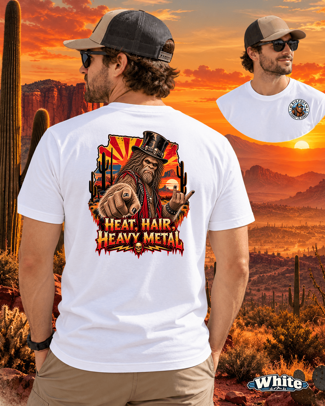 Arizona Shock Rock Squatch Bigfoot T-shirt design featuring a fierce Sasquatch wearing a skull-studded black top hat, rugged leather vest, and rock-star accessories against a fiery Arizona desert sunset with saguaro cacti.