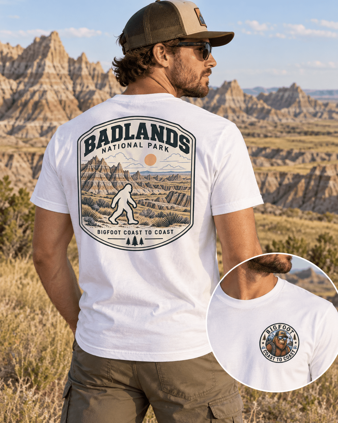 Badlands Bigfoot shirt featuring a vintage national park back graphic inspired by layered buttes, prairie, and dramatic eroded formations