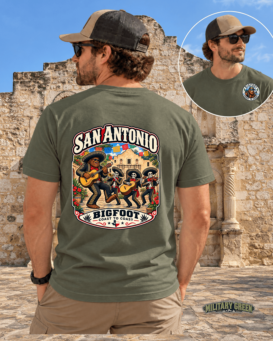 Bigfoot Texas San Antonio Shirt - Skeletal Mariachi Serenade - Bigfoot Coast to Coast