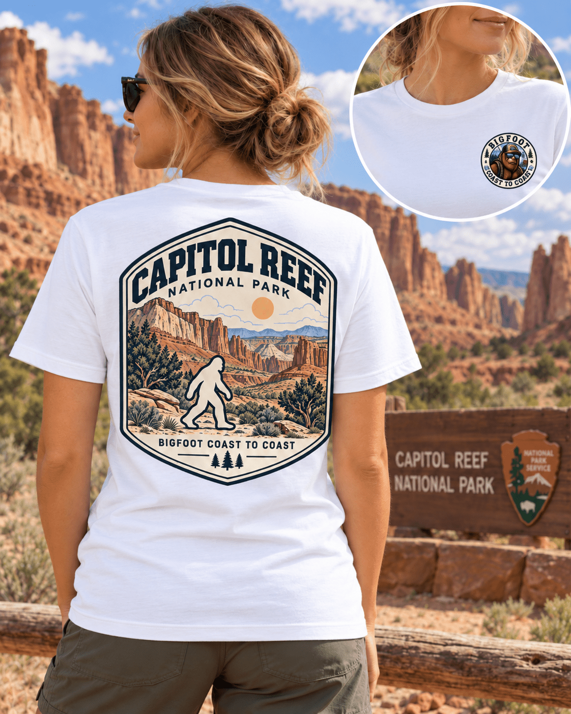 Capitol Reef Bigfoot shirt featuring a vintage national park back graphic inspired by sandstone cliffs, desert domes, and the Waterpocket Fold