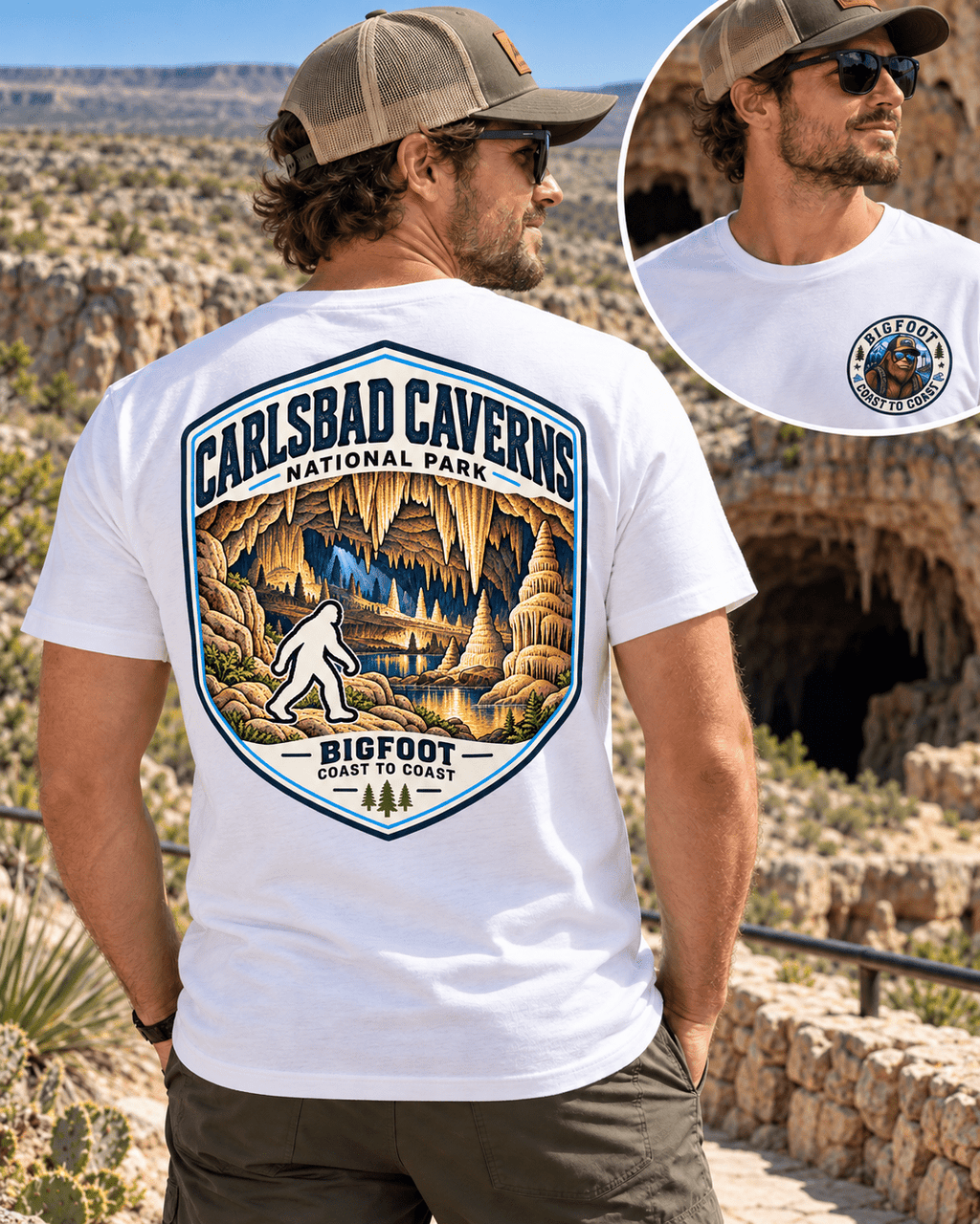 Carlsbad Caverns Bigfoot shirt featuring a vintage national park back graphic inspired by limestone caverns, stalactites, and underground chambers